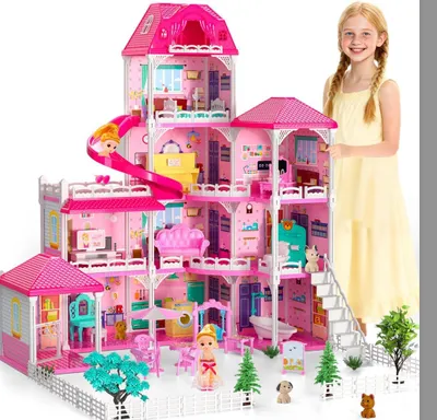 Produktbild von Puppenhaus Doloowee Puppenhaus mit 4 Etagen, 10 Zimmer, Puppenhaus mit 2 Prinzessinnen-Rutschen, Zubehör, Spielzeug für Mädchen 3, 4 und 5 Jahre