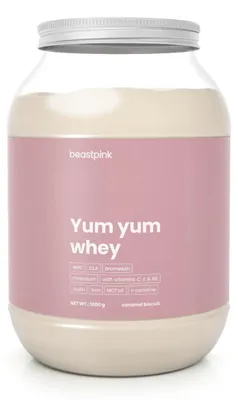 Produktbild von GymBeam - Yum Yum Whey - BeastPink, 1000 g, Karamellkeks