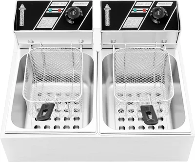 Image de Friteuse électrique en acier inoxydable - Double cuve 2 x 6 l - 5 000 W, 220–240 V - Température 60–200 °C - Pour la restauration et la maison - Gris clair