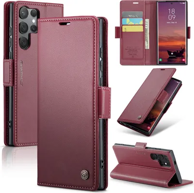 Immagine prodotto di Custodia per Samsung Galaxy S25 Ultra, carta di blocco RFID, custodia in pelle avanzata con funzione di stand rosso