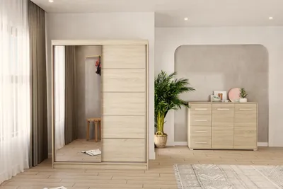Produktbild von 2er-Set Schwebetürenschrank Schrank Kleiderschrank mit Spiegel Sonoma/Sonoma 150cm Vista 05 mit Kommode 135cm FRIDA 01