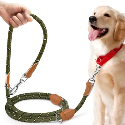 Productafbeelding van Hondenriem, 3 meter, verstelbaar, geschikt voor middelgrote en grote honden (15-60 kg), reflecterend, losloopriem, gemaakt van stevig nylon, draagkracht 200 kg, olijfgroen