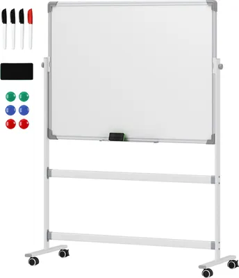 Zdjęcie produktu dla Tablica magnetyczna 120 x 90 cm Dwustronna tablica magnetyczna ze stojakiem, kółkami, 6 markerami i 1 gąbką do wycierania, obrotowa o 360°, regulowana w 3 poziomach tablica magnetyczna do biura i domu