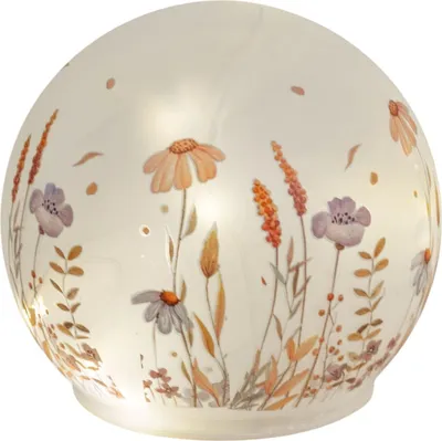 Produktbild von LED Deko Kugel  Wiesenblumen 12cm Matte Glasleuchte mit Blumen-Nachbildung - Timer 6h/18h