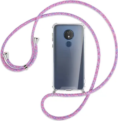 Produktbild von Handykette Backcover-Schutzhülle mit Band (Metall silberfarben) für Motorola Moto G7 Power - lila/rosa/blau