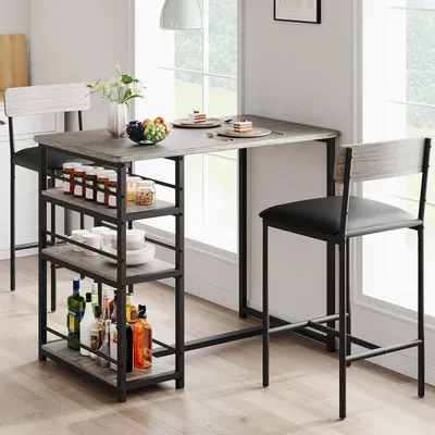 Produktbild von Bartisch mit Barhockern Set 3-teilig Industriell Grau mit 3 Seitenregalen