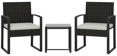Image de Ensemble de salon de jardin en rotin, 3 pièces : ensemble de mobilier de jardin comprenant 2 chaises de jardin et une table basse avec plateau en verre ; mobilier de balcon, ensemble de balcon, blanc crème