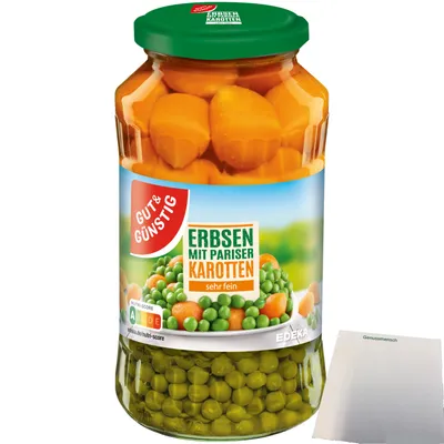 Produktbild von Gut & Günstig Erbsen mit Pariser Karotten sehr fein sortiert (660g Glas) + usy Block