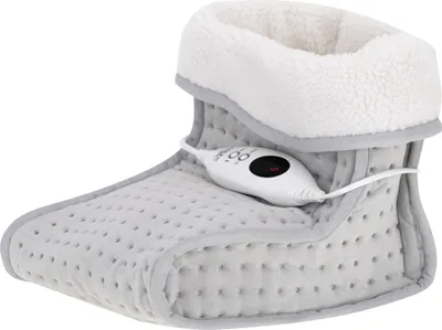 A close-up studio shot of a gray electric foot warmer with a white fluffy lining.
