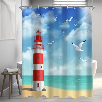 Productafbeelding van Douchegordijn 150x180 cm, vuurtorenmotief, waterafstotend, schimmelwerend, wasbaar, polyester, 8 ophangoogjes, inclusief ringen