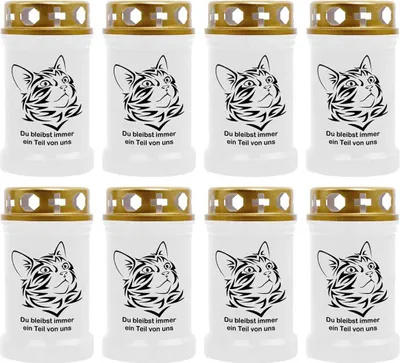 Produktbild von Grabkerze Weiß 8er Pack, Brenndauer: 40 Stunden ( je Kerze ), Motiv: Katze 1