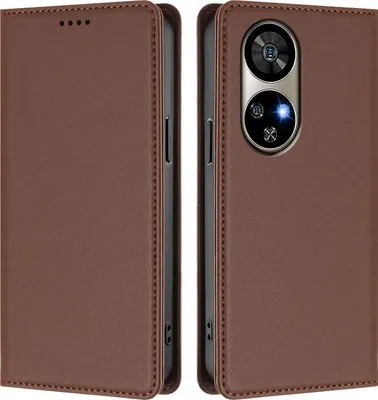 A brown leather flip case for a smartphone is shown from two angles, open and closed.
