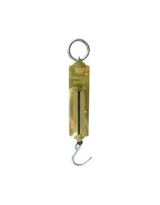 A brass spring scale is shown against a white background.