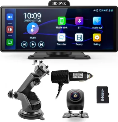 A product shot of a car multimedia station and its accessories, laid out on a black background.