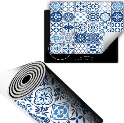 Produktbild von Herdabdeckplatte 70x52 cm Glaskeramikkochfeld Abdeckung Anti Rutsch Matte Aufrollbar, Mosaik Blau