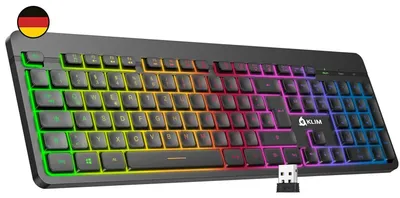 Immagine prodotto di Tastiera da gioco wireless QWERTZ, modello V2, con design piatto ed ergonomico, discreta e resistente all'acqua. Tastiera da gioco illuminata, compatibile con PC, Mac, PS4 e PS5. Dotata di batteria integrata