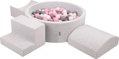 Obrázok produktu pre KiddyMoon Mäkké penové ihrisko pre deti s guľatým loptičkovým ihriskom (200 ∅ 7 cm) s mäkkými prekážkami a loptičkovým bazénom,  vyrobené v EÚ, Svetlo sivá:Biela/Grey/Púdrovo ružová, Verz