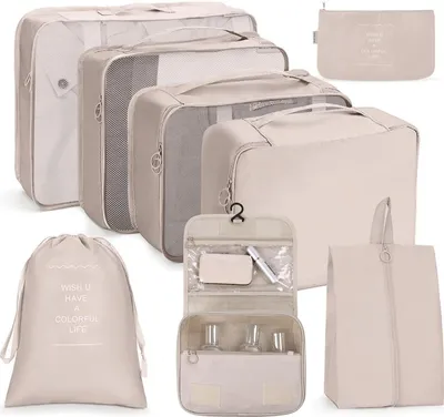Produktbild von Verpackungsbeutel für Reiseorganisation - Wasserdichte Aufbewahrungssäcke für Kleidung, Schuhe, Kosmetik, Toilettenartikel - Set von 8 Stück beige Packing Cubes Rucksack