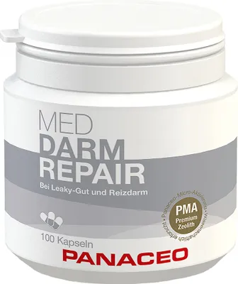 A white plastic container of Panaceo Med Darm Repair capsules against a white background.