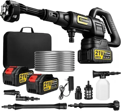 Obrázek produktu pro Akumulátorový vysokotlaký čistič, vysokotlaký čistič s 3 režimy, maximální tlak 65 bar, mobilní provedení s 2 bateriemi 4,0 Ah, tryska s možností otáčení o 180°, pěnový generátor, hadice 5 metrů | Čištění, zavlažování