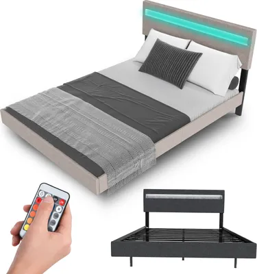 A bed with a headboard featuring LED lighting, a remote control, and a separate image of the bed frame.