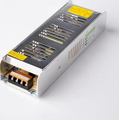 A silver LED power supply unit is shown on a white background.