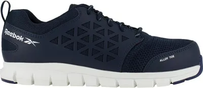 A side view of a navy blue Reebok safety shoe with a white sole.