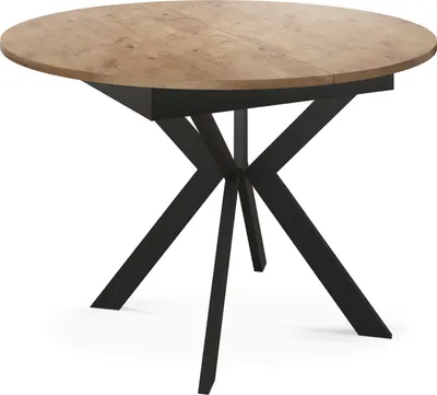Obrázek produktu pro Kulatý rozkládací jídelní stůl s černými kovovými nohami - Uložení rozkládacího listu uvnitř - Industriální kulatý stůl do obývacího pokoje - Spacesaver - 100 cm - dub Lancelot