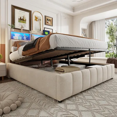 A bedroom scene with a bed that has its storage compartment open, revealing stored items and a view of the room through a large window.