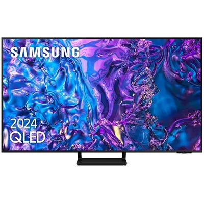 A Samsung QLED TV displaying a colorful abstract image.
