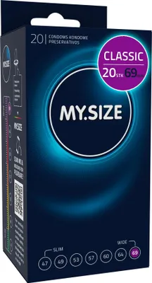 Zdjęcie produktu dla Prezerwatywy MY.SIZE Classic o szerokości 69 mm | 20 sztuk | bardzo cienkie | grubość ścianki 0,07 mm