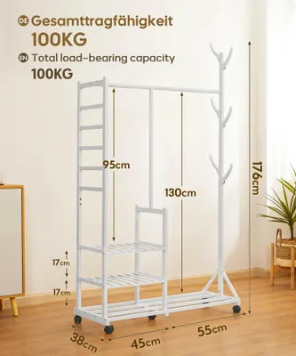 Produktbild von Kleiderständer aus Bambus, 4 in 1, weiß, mit Rollen und Haken, für Schlafzimmer