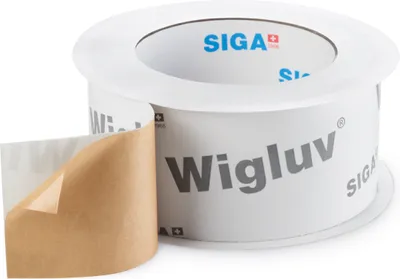 A roll of Siga Wigluv tape with a section peeled back.