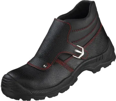 A black safety boot with red stitching, shown from a side angle against a white background.