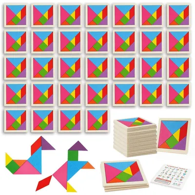 Zdjęcie produktu dla Drewniana układanka dla dzieci, 32 elementy tangram, zabawka rozwijająca motorykę, drewno, kolorowa