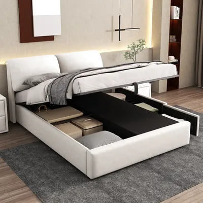 Produktbild von MODFU Boxspringbett Hydraulisches 140 x 200 cm mit Kopfteil, Polsterbett mit 3 Schubladen, Doppelbett mit Bettkasten Stauraum,Beige(Ohne Matratze)