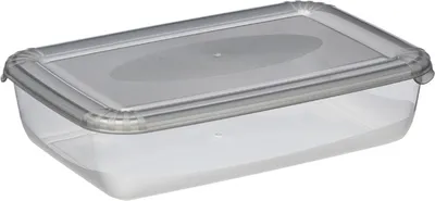 A clear, studio shot of a rectangular plastic food storage container with a transparent lid.