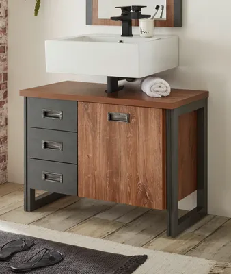 Produktbild von Waschbeckenunterschrank "Auburn" in Eiche Stirling und Matera grau Badschrank 80 cm