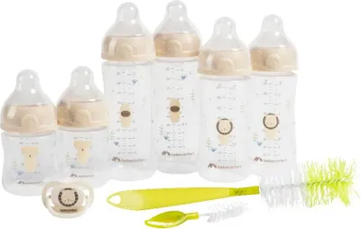 A set of baby bottles, a pacifier, and cleaning brushes arranged on a white background.