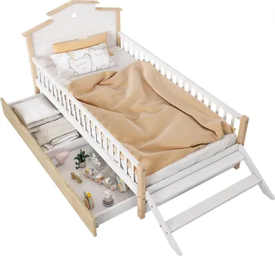Produktbild von Kinderbett,Flachbetten,Holzbetten mit Fallschutz und Gitter,Mit Seitenleiter, Einzigartiges Dachdesign,Rahmen aus Kiefer, Kiefer+MDF