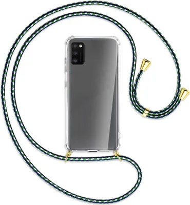 Produktbild von Handykette Backcover-Schutzhülle mit Band (Metall goldfarben) für Samsung Galaxy A41 (A415) - grün/blau/weiß