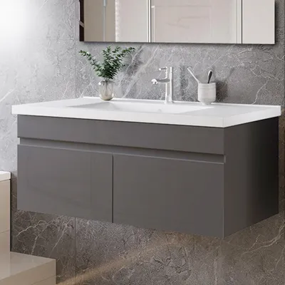 Produktbild von 100cm Mineralguss Waschtisch mit Unterschrank Badmöbel Set mit Türs Soft-close - Hochglanz Weiß