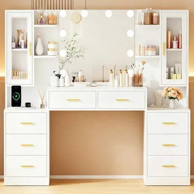 Image de Table de maquillage de 150 cm avec éclairage LED, miroir, 8 tiroirs, 6 étagères, blanche