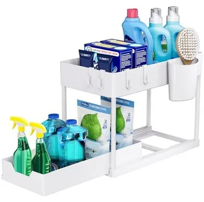 Productafbeelding van Onderkastplank, vrijstaand keukenrek met 2 niveaus voor het aanrecht, multifunctioneel keukenrek, kruidenrek, plank voor onderkast, plank voor onderkast – wit
