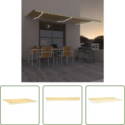 Productafbeelding van De Living Store markies, handmatig uitrolbaar, met LED-verlichting, afmetingen 600x300 cm, in de kleuren geel en wit
