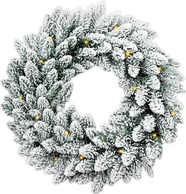 A festive, snow-dusted artificial Christmas wreath with integrated LED lights.
