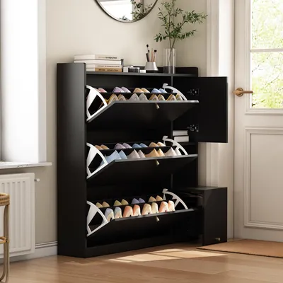 Produktbild von Flieks Vielseitiger Schuhschrank mit 3 Klappen, 119x24x122 cm, Klappschuhschrank mit klappbarer Sitzbank, Schwarz
