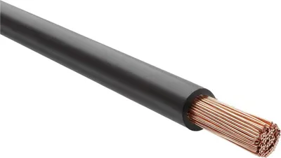 A single black electrical wire with exposed copper strands at one end, shown against a white background.