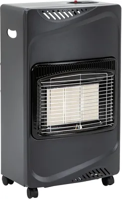 A black gas heater with a silver grate and heating elements is shown against a white background.