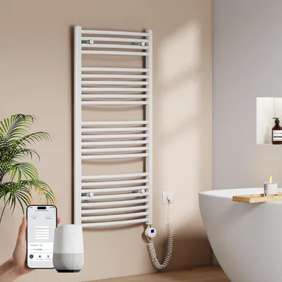 A bathroom setting with a white towel warmer, a bathtub, and a plant.